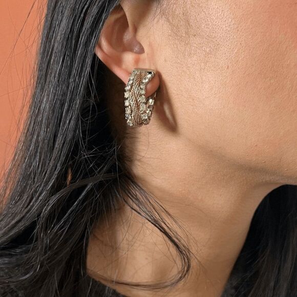 vtg 60s statement clip on earrings goldtone rope square‎ rhinestone glam party - Picture 9 of 9